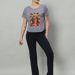 mkh Women Graphic Print Crew Neck Polyester Grey T-Shirt image 5