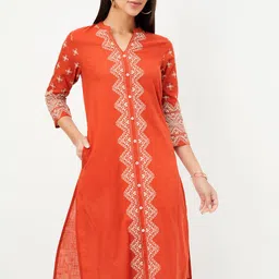 Women Embroidered Cotton Blend Straight Kurta-image-16