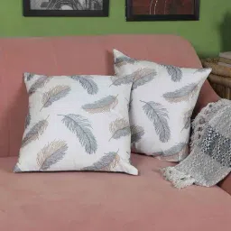 White Floral Leaf Polyester 16 x 16 Inches Cushion Covers (Set of 2) by MFD Home Furnishing-image-0