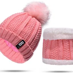 reffer Woolen Beanie Cap with Scarf Set Stretch Warm(Inside Fur) Lining for girls|Women Beanie image 5