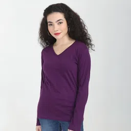 Women Solid V Neck Pure Cotton Purple T-Shirt-image-11