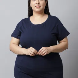 unaone Women Solid Round Neck Pure Cotton Dark Blue T-Shirt-picture-12