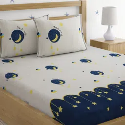 hosta homes Blue & White Starry 220 TC Poly Cotton Double Size Bedsheet With 2 Pillow Covers image 1