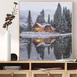 INDIAN CLASSIC ART Grey Winter Cabin Cottage By Lake Wall Art-image-13