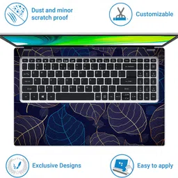 FineArts Full Body Laptop Skin Sticker For 14 to 15.6 inch Laptop - Blue Golden Leaves Self Adhesive Stretched Vinyl Laptop Skin Compatible for 15.6 inch image 3