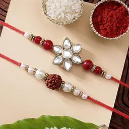 KARATCART Set of 2 Gold-Plated & Red Kundan Rakhi-picture-21