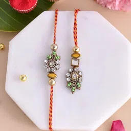 Aapno Rajasthan Unisex Kundan Studded Artificial Pearls Beaded Bhaiya Bhabhi Thread Rakhi-picture-12
