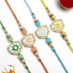 KARATCART Set of 4 Meenakari Heart Shape Kundan Rakhis with Roli & Chawal image 2