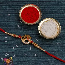 Silver Shine Unisex Set Of 2 Beaded Thread Rakhi With Greeting Card & Roli Chawal image 2
