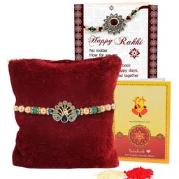 TIED RIBBONS Peacock Rakhi With Roli Chawal & Greeting Card image 2