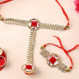 PANASH Set Of 2 Gold Plated Floral Shpaed Thread Rakhi With Roli Chawal image 1
