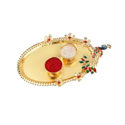 Silver Shine Set Of 2 Rakhi For Bhabhi Bhaiya Roli Chawal And Greeting Card Pooja Thali image 3