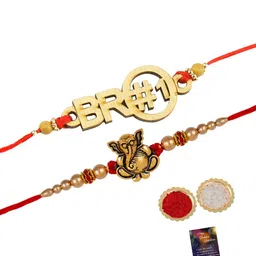 Silver Shine Set of 2 Bro & Ganesha Charm Beaded Rakhis With Roli Chawal & Card image 3