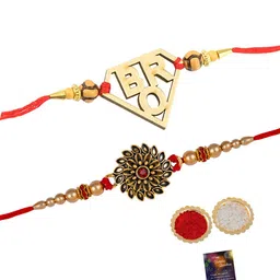 Silver Shine Unisex Set Of 2 Bro & Flower Charm Rakhi With Roli Rice & Greeting Card image 3