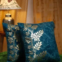 hosta homes Blue Velvet Floral 16X16 Inches Cushion Covers (Pack of 2) image 1