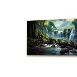 nestroots Gold Canvas Framed Serene Forest wild Waterfall Wall Painting(24X48 Inch) image 5