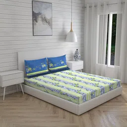 Layers Blue & Green Floral 104 TC Queen Bedsheet with 2 Pillow Covers-picture-37