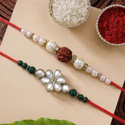 KARATCART Set of 2 Rudraksha & Pearl Kundan Rakhi with Roli & Chawal-picture-16