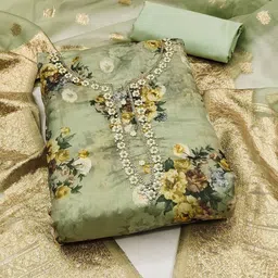 Peachmode Floral Printed Organza Beads and Stones Unstitched Dress Material-picture-16