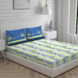 Layers Blue & Green Floral 104 TC Queen Bedsheet with 2 Pillow Covers image 4