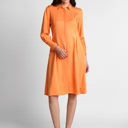 Allen Solly Woman Shirt Collar Cuffed Sleeve Gathered Cotton Shirt Dress-picture-30