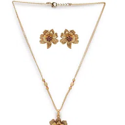 Jazz and Sizzle Gold-Plated Maroon Red Stone-Studded & Beaded Floral Jewellery Set image 2