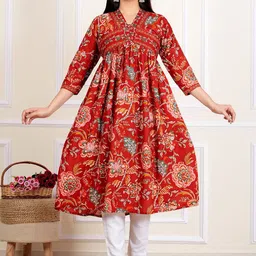 Vbuyz Floral Printed Thread Work Cotton A-Line Kurta-picture-30