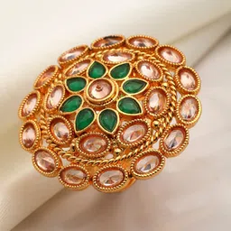 ZENEME Gold-Plated Green AD Studded Adjustable Floral Ring image 1