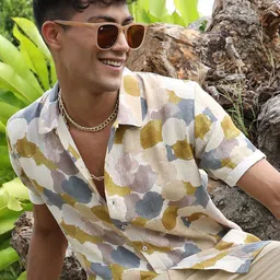 Campus Sutra Off White & Olive Classic Abstract Printed Spread Collar Cotton Casual Shirt image 1