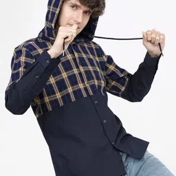 HIGHLANDER Men Navy Blue Slim Fit Tartan Checks Opaque Checked Casual Shirt image 3