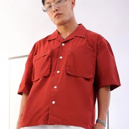 The Indian Garage Co Rust Boxy Fit Cuban Collar Drop-Shoulder Sleeves Pure Cotton Shirt image 1