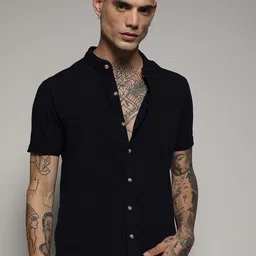 Campus Sutra Black Classic Band Collar Cotton Casual Shirt-image-38