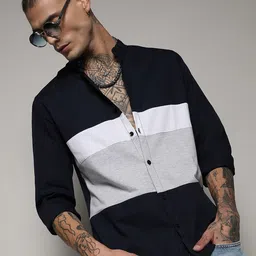 Campus Sutra Black Classic Colourblocked Band Collar Cotton Casual Shirt-image-61