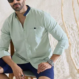 MR BUTTON Men Slim Fit Band Collar Solid Casual Shirt-picture-16