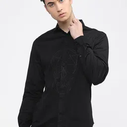 HIGHLANDER Men Black Embellished Slim Fit Opaque Casual Shirt-image-9