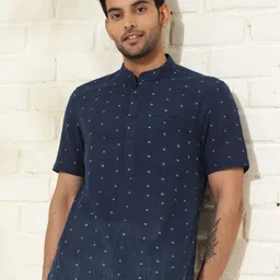 Fabindia Slim Fit Geometric Printed Mandarin Collar Cotton Casual Shirt-image-60