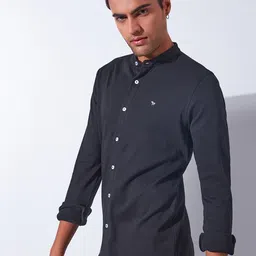 Markle Moro Band Collar Knitted Slim Fit Cotton Casual Shirt-image-50