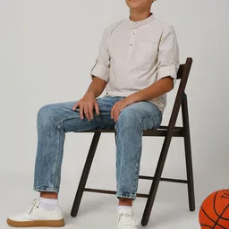 Nautica Boys Premium Self Design Band Collar Roll-Up Sleeves Cotton Casual Shirt-image-12