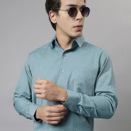 English Navy Standard Slim Fit Chambray Weave Cotton Formal Shirt-image-99