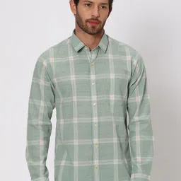Mufti Spread Collar Slim Fit Checked Casual Cotton Linen Shirt-image-5