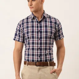 JAINISH Men Navy Blue & White Standard Tartan Checked Cotton Formal Shirt image 1