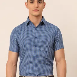 JAINISH Men Blue Grid Tattersall Checked Cotton Classic Formal Shirt-image-14