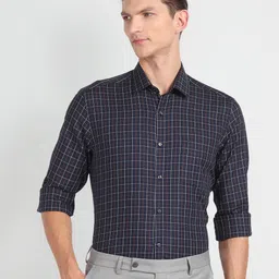 Arrow Slim Fit Grid Tattersall Checked Spread Collar Pure Cotton Formal Shirt-picture-30