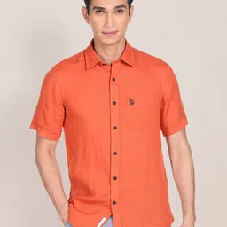 U S Polo Assn Men Orange Solid Tailored Fit Linen Casual Shirt-image-1