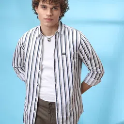 The Indian Garage Co Men White & Navy Blue Slim Fit Striped Casual Shirt-picture-23