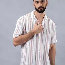 JADE BLUE Men Slim Fit Cuban Collar Vertical Striped Cotton Casual Shirt-picture-36