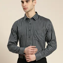 Hancock Men Charcoal Grey & White Slim Fit Striped Pure Cotton Formal Shirt-picture-10