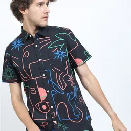 LOCOMOTIVE Men Black & Blue Slim Fit Abstract Printed Cotton Casual Shirt-picture-21
