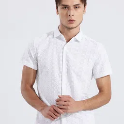 Snitch White Classic Self Design Slim Fit Pure Cotton Casual Shirt-image-75