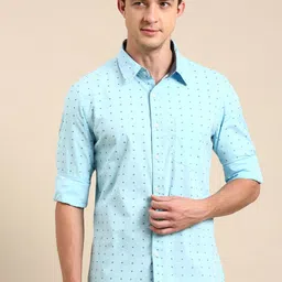 Joven Slim Fit Micro Ditsy Printed Spread Collar Long Sleeves Cotton Casual Shirt-image-15
